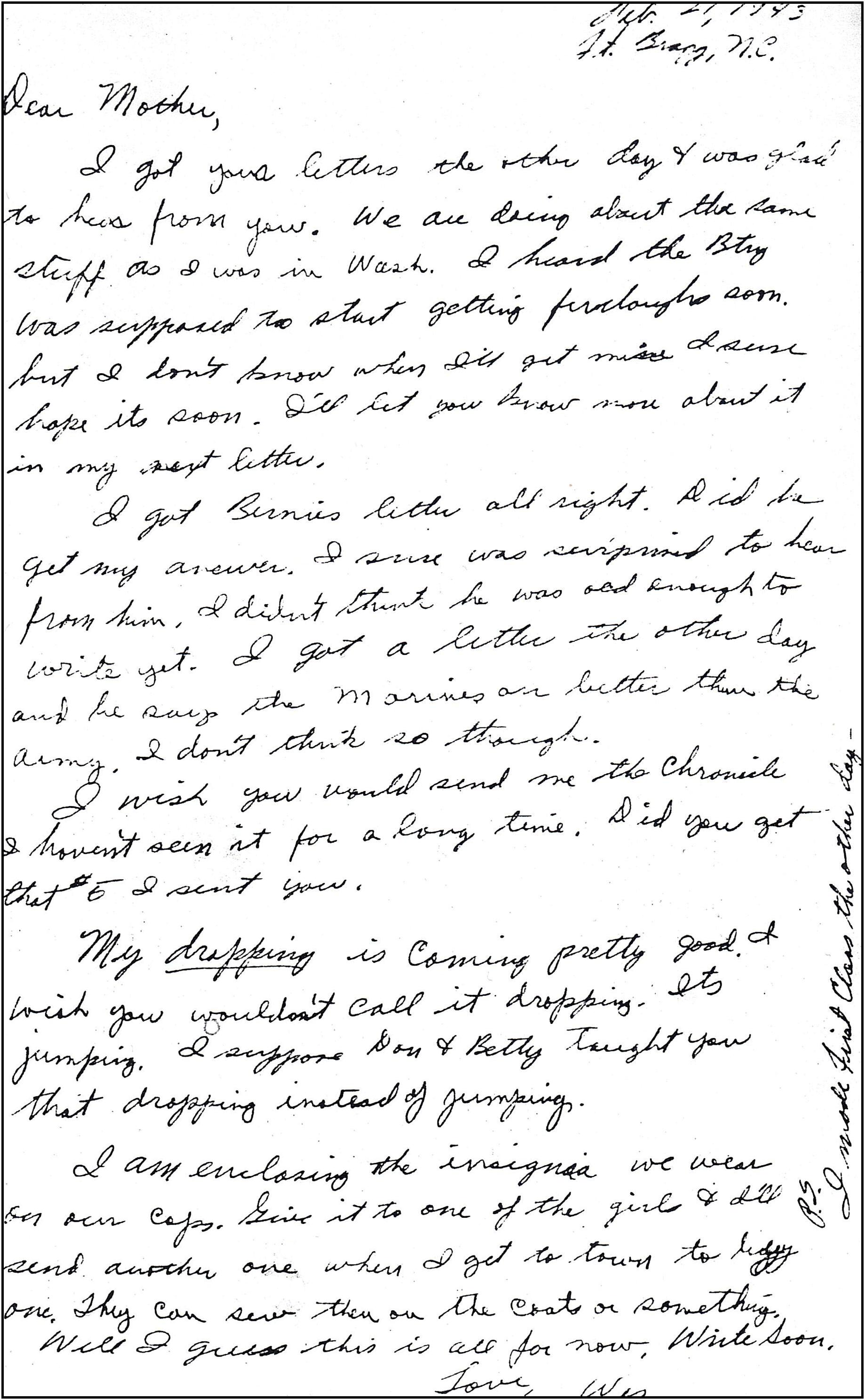 Letter to home during training.